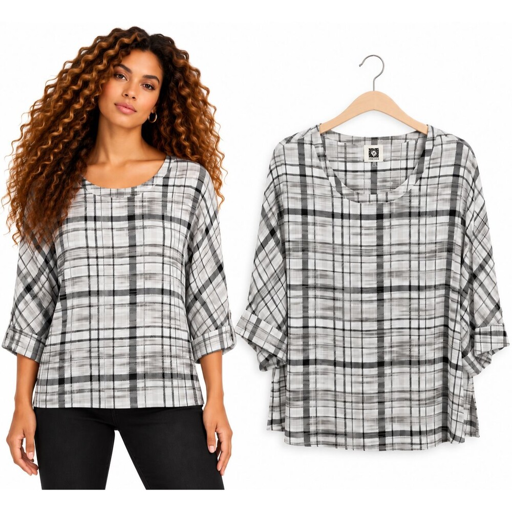 New Anne Klein Plaid Blouse Top Size 12 Black White Gray Dolman Sleeve